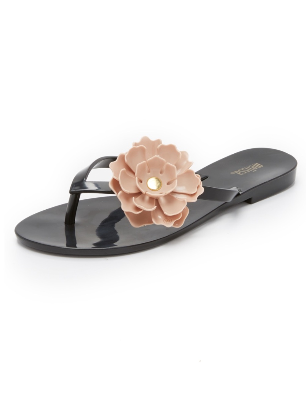 Melissa harmonic flip flops in black with pinky nude flower